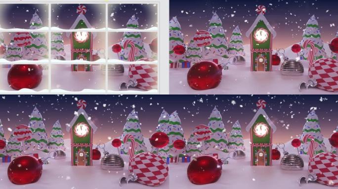 带有装饰树木和房屋的圣诞节冬季风景动画