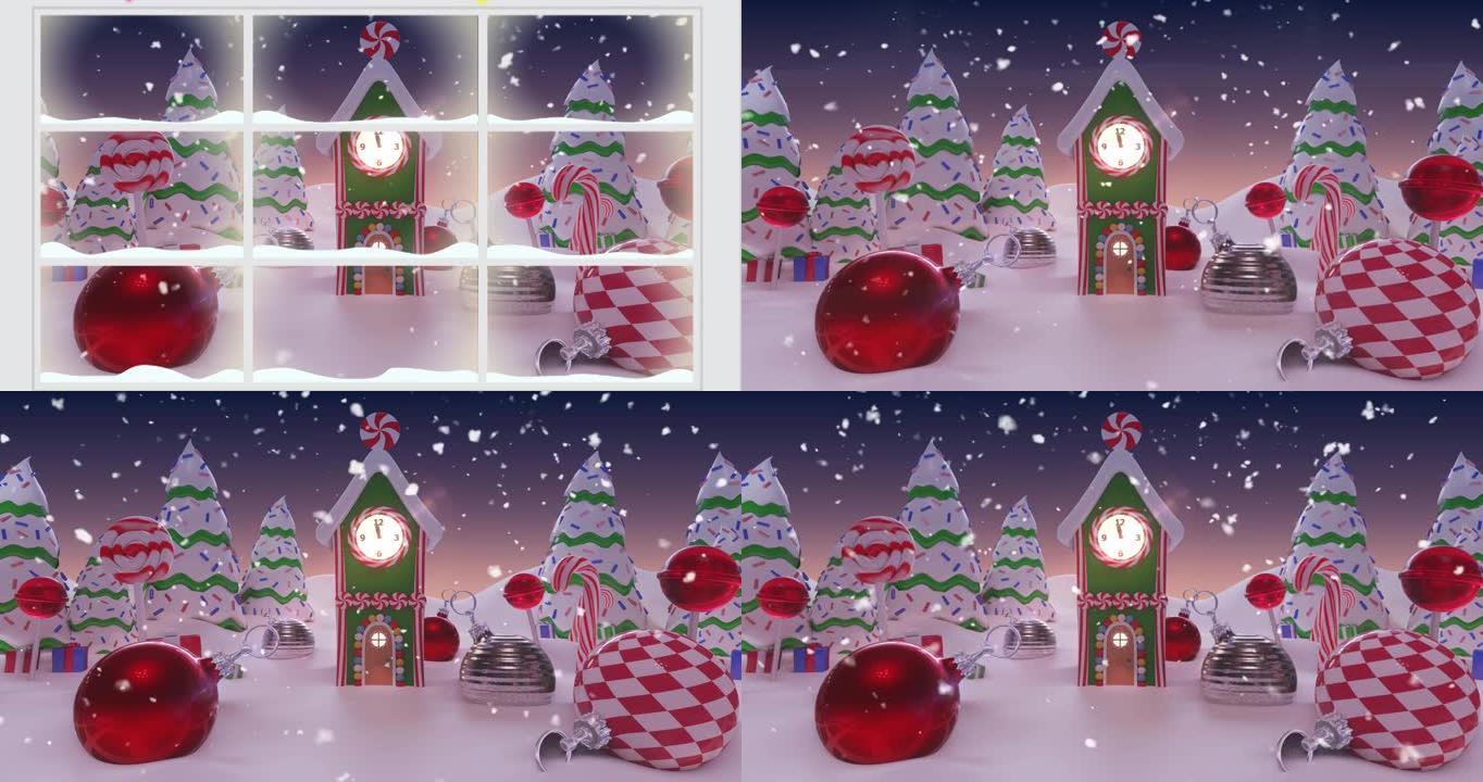 带有装饰树木和房屋的圣诞节冬季风景动画
