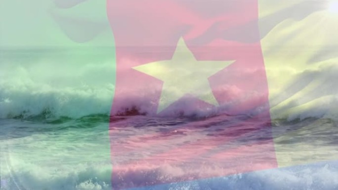 数字组成挥舞喀麦隆国旗对抗海浪在海