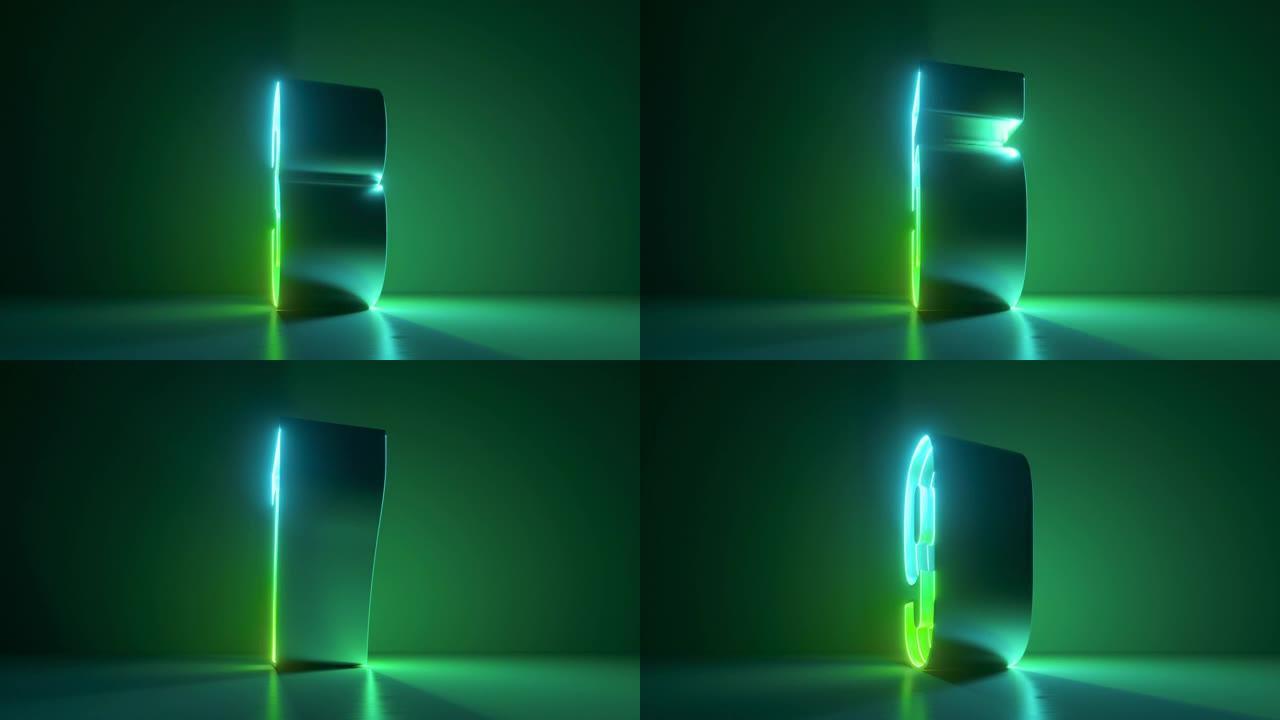 绿色霓虹灯数字从一到十计数的3d动画，旋转和旋转