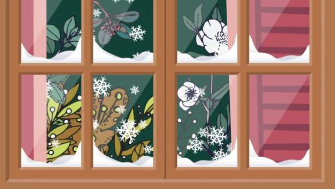 圣诞节在窗户和鲜花上飘落的雪花动画