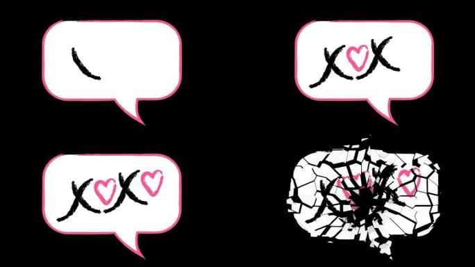 Grunge模式与XOXO手写短语和心脏隔离在黑色。拥抱和亲吻标志。现代水墨书法。情人节婚礼设计，爱