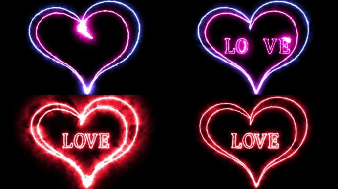 爱。两颗发光的火焰画出两颗心，写下爱的文字。
红心跳动的脉动动画。爱情概念。情人节快乐。