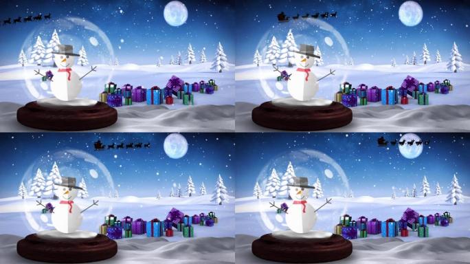 雪落在雪球上的雪人身上，与冬季景观和夜空上的圣诞节礼物