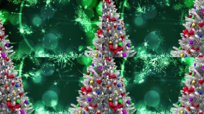 绿色背景上的雪花上的圣诞树动画