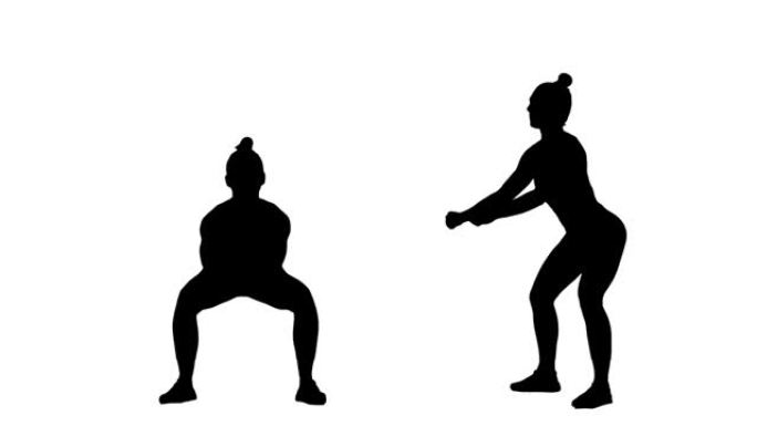 穿着运动服做蹲坐的年轻女子的黑色剪影。臀部锻炼，女性健身。白色背景上的2合1拼贴正面和侧面视图全长。