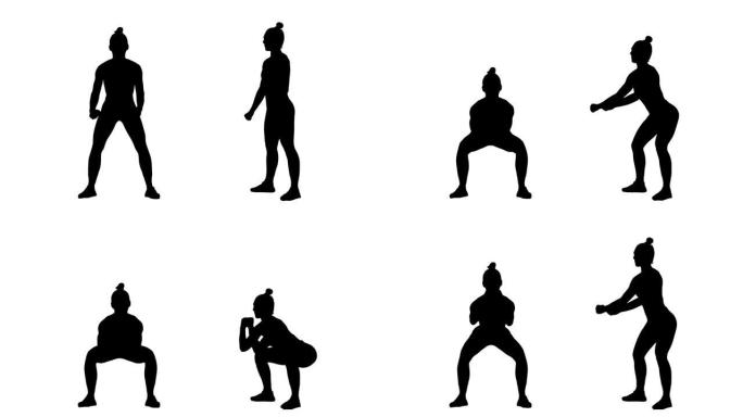 穿着运动服做蹲坐的年轻女子的黑色剪影。臀部锻炼，女性健身。白色背景上的2合1拼贴正面和侧面视图全长。