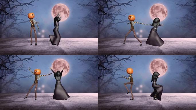 万圣节概念，南瓜头先生 (Jack o'lantern) 和女巫跳舞