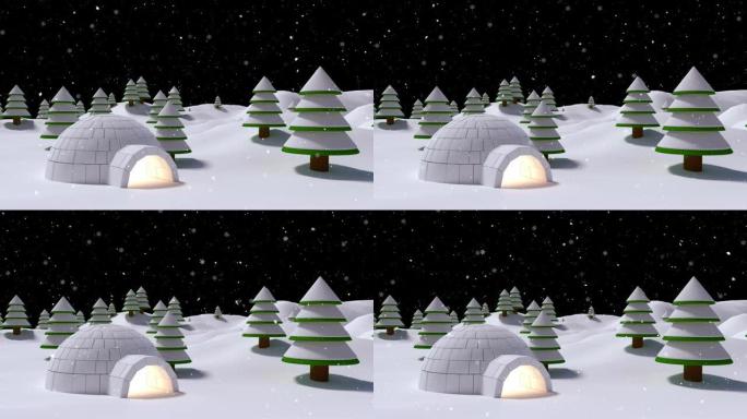 冬季景观中的雪落在冰屋上的动画