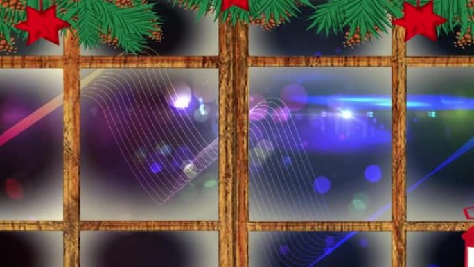 圣诞灯、装饰品和木制窗框，抵御数字波和光斑
