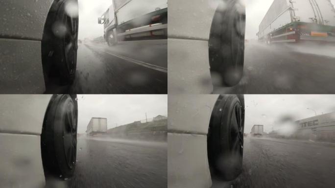 半卡车在大雨中在高速公路上超越了我。