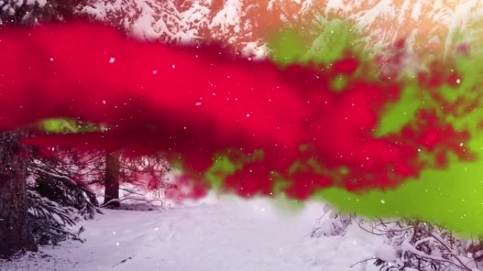 红绿火粉过冬森林和雪花飘落的动画