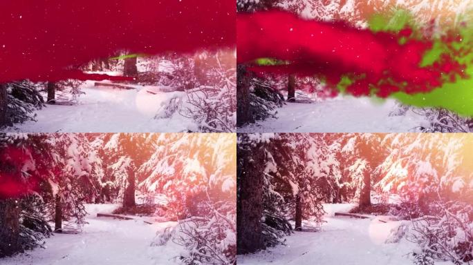 红绿火粉过冬森林和雪花飘落的动画