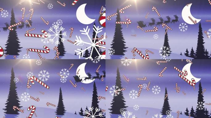 糖果甘蔗图标和雪花落在被驯鹿拉着的雪橇上的圣诞老人上