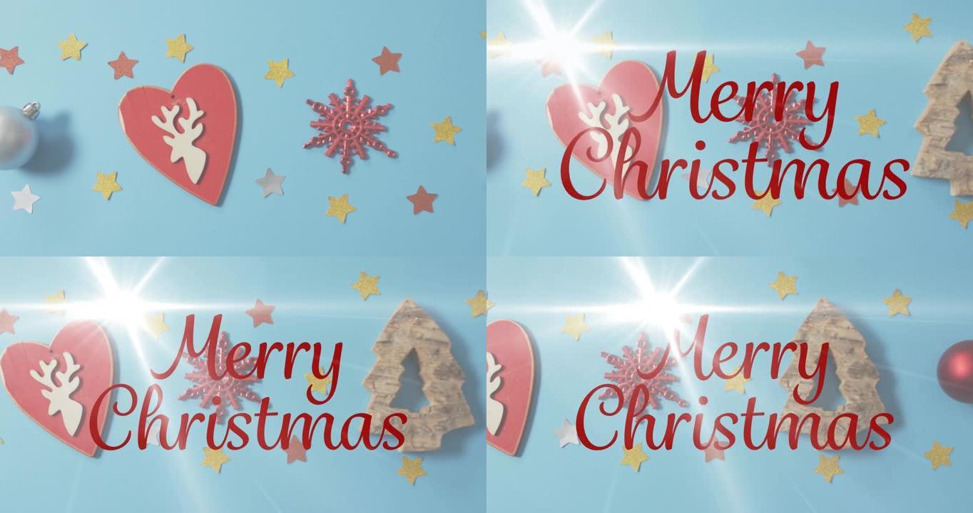 蓝色背景上装饰上的圣诞快乐文字动画