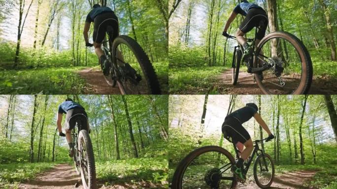 一名骑自行车的人正在穿过森林。他踩得很快。他穿着自行车装备。摄像机在他周围移动。4K 50fps