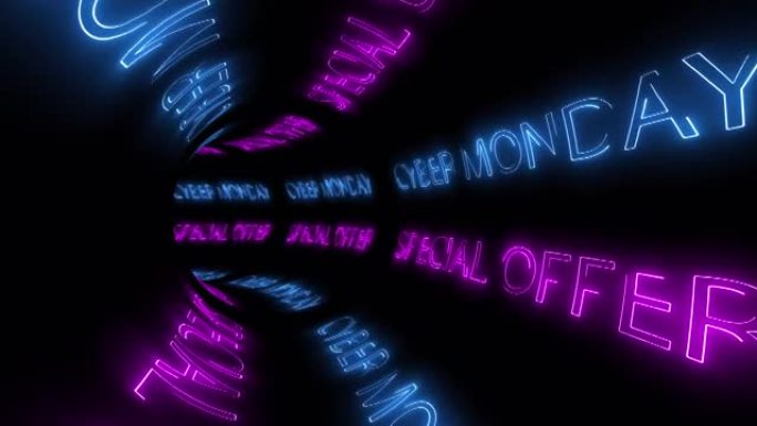 霓虹灯数字动画文本星期一特别提供3D穿越隧道动画。4k3d无缝循环毛刺效果元素介绍，标题横幅。彩色游