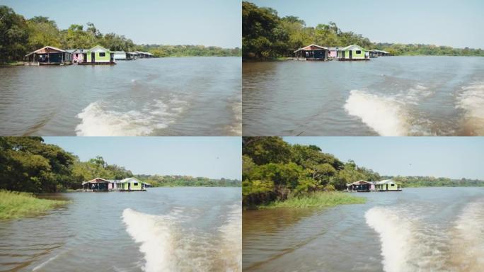带浮动房屋的高速亚马逊河船