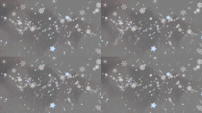 灰色背景上的多个雪花和星星图标落下的数字动画