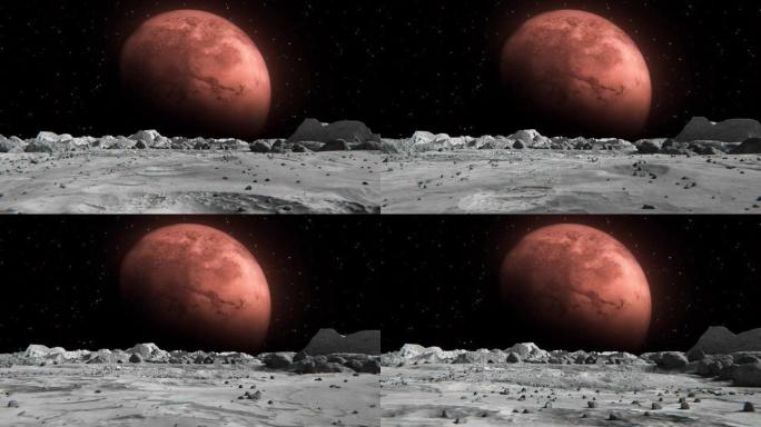 从月球表面看火星行星。月球表面，散布着小石头和沙子。飞越月球陨石坑。概念空间抽象背景。