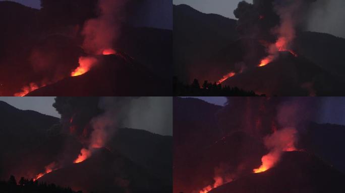 坎布尔·维耶哈火山爆发。火山锥和火山弹进入黎明。10/18/2021