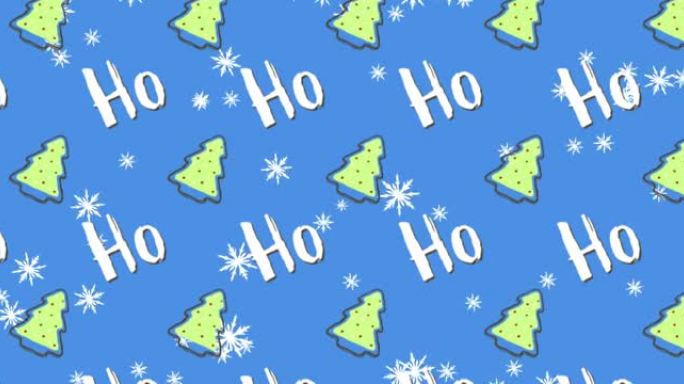 蓝色背景上的多个ho ho文本和圣诞树的动画