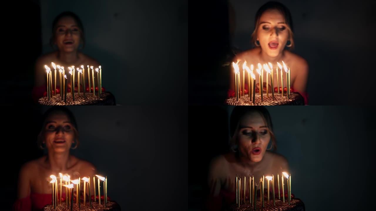 女少年喜欢在家庆祝生日蛋糕上吹灭蜡烛，选择性地关注蜡烛
