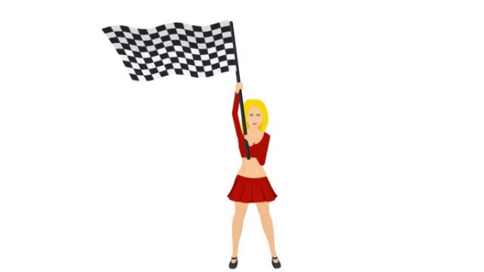 拿着一面赛车旗的女人。完成标志的动画。卡通