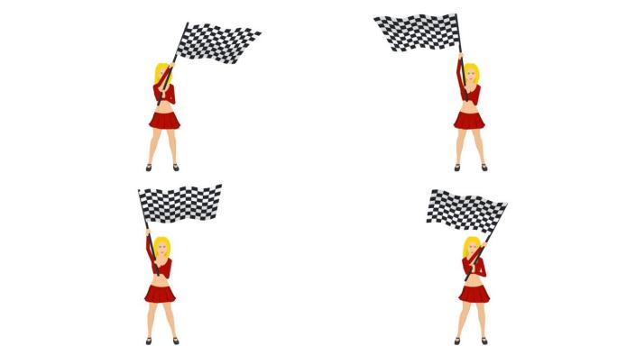 拿着一面赛车旗的女人。完成标志的动画。卡通