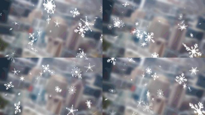 多个雪花图标落在模糊的城市景观的鸟瞰图上