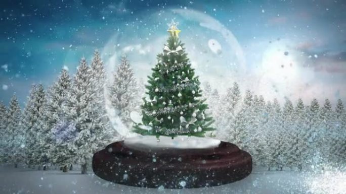 在圣诞树周围的流星在一个雪球对抗雪花飘落在冬天的风景