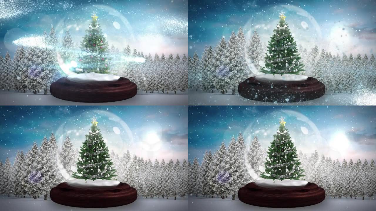 在圣诞树周围的流星在一个雪球对抗雪花飘落在冬天的风景