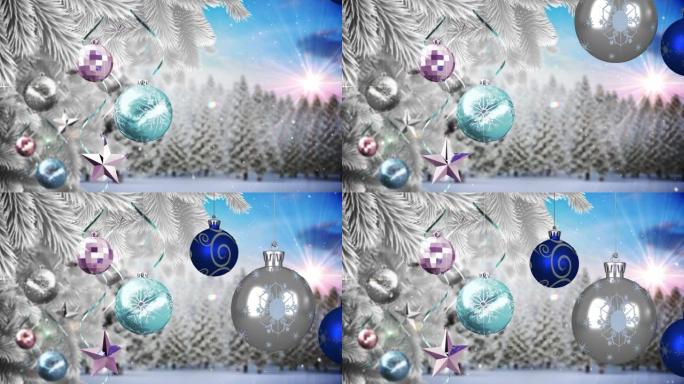 冬季景观圣诞树上的圣诞小玩意装饰动画