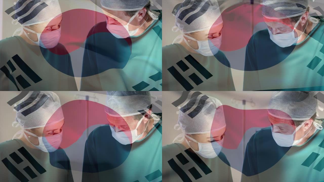 韩国国旗在手术室中挥舞着外科医生的动画