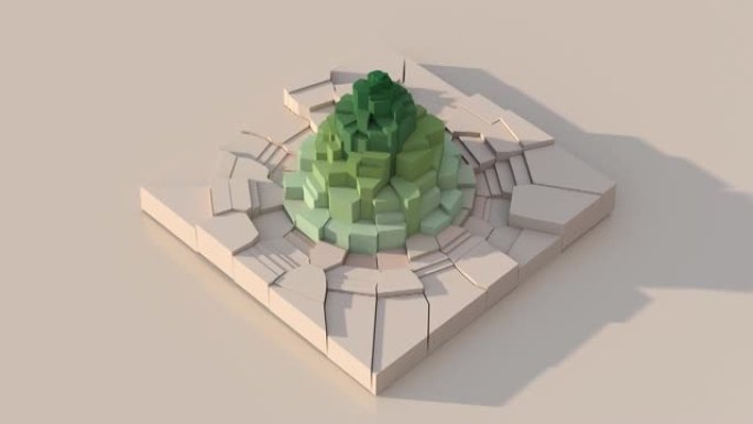 米色和绿色破碎表面的正方形。抽象动画，3d渲染。