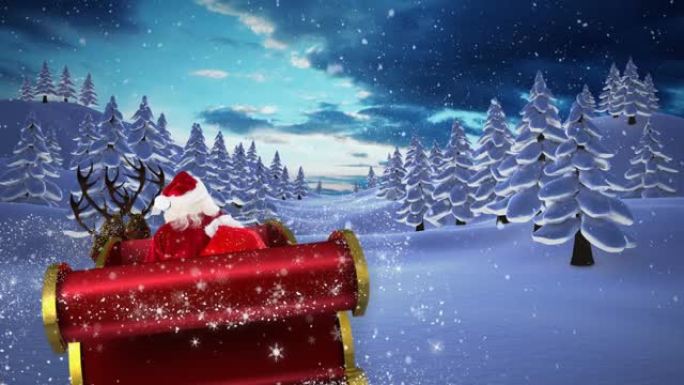 圣诞老人在雪橇上的动画，圣诞礼物和冬天风景下的雪