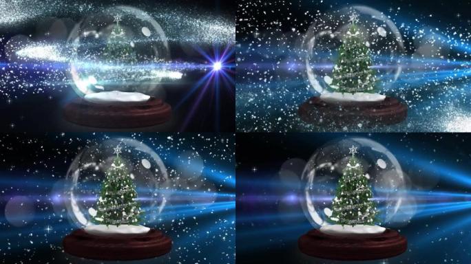 雪球中圣诞树周围的红色流星，蓝色背景上的光斑