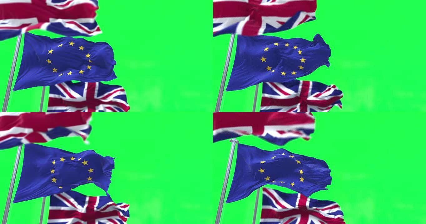 欧盟旗帜在两面英国旗帜之间飘扬，被隔离在绿屏背景上