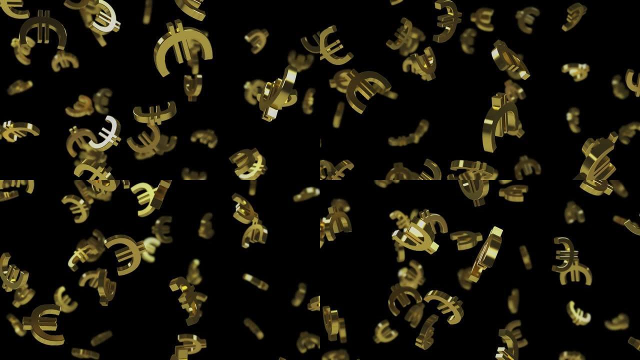 在具有景深的透明背景上下降的黄金欧元标志。3D循环动画ProRes 4444