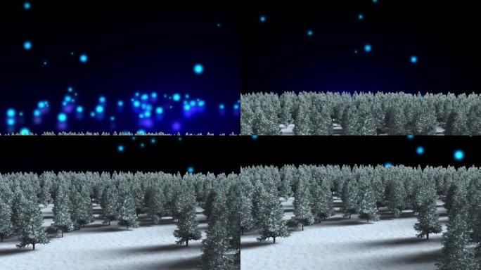 冬季景观上的多棵树木落在黑色背景下的蓝色灯光上