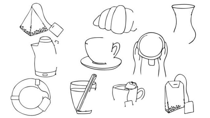 tea图标集合的绘图动画。tea图标的涂鸦动画。一套手绘茶插图。