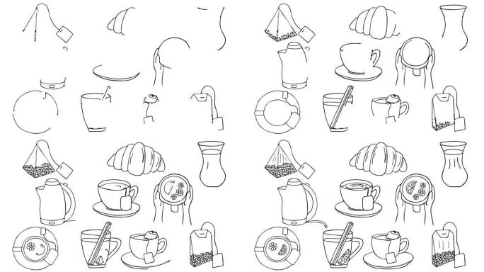 tea图标集合的绘图动画。tea图标的涂鸦动画。一套手绘茶插图。