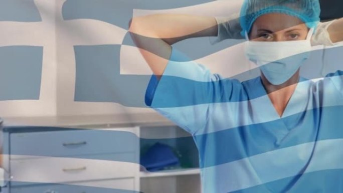希腊国旗在口罩上挥舞着外科医生的动画
