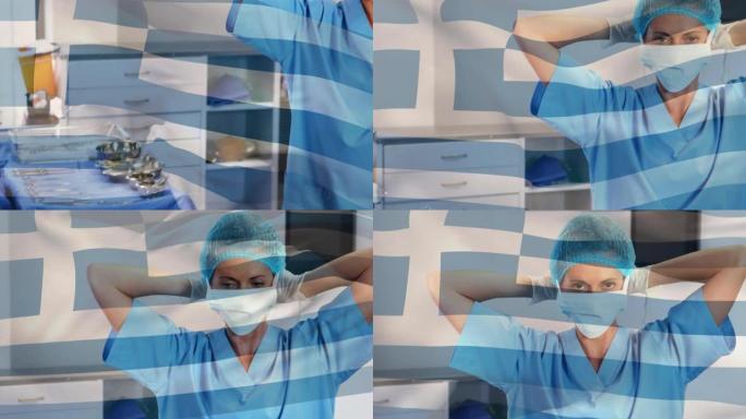 希腊国旗在口罩上挥舞着外科医生的动画