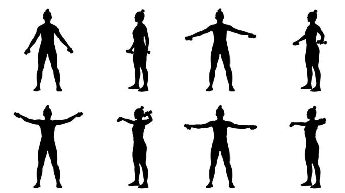 年轻女子的黑色剪影用哑铃锻炼。手部锻炼，女性健身。白色背景上的2合1拼贴正面和侧面视图全长。慢动作准