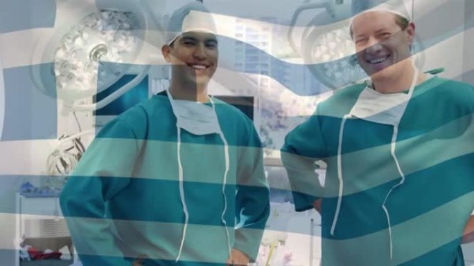 希腊国旗在手术室中挥舞着快乐的外科医生的动画