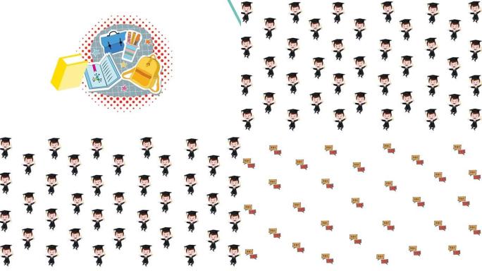 白色背景上成排的学生和学校图标的动画