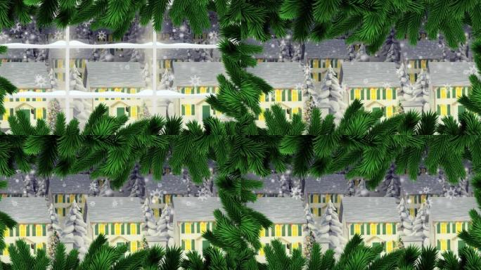 fir tee树枝和冬季城市景观上飘落的雪花动画