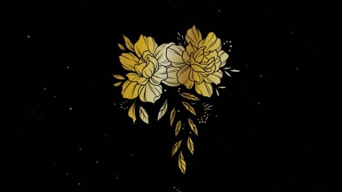 黑色背景上移动的白色星星上的金色花朵动画