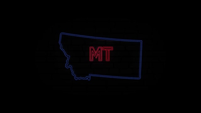 发光的霓虹灯线蒙大拿州字母孤立在黑色背景。美国。动画地图显示从美国的蒙大拿州